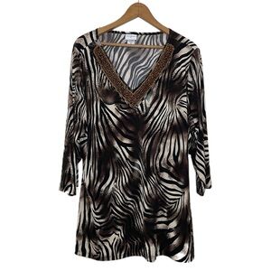 Long Sleeve V Neck 3X Brown Animal Print w/ beading Flowy Top Blouse